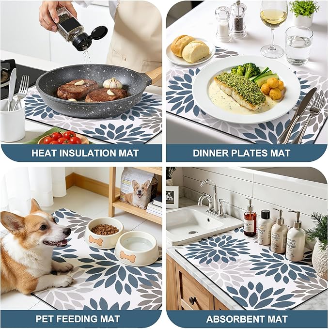 Findosom Floral Dish Drying Mat, 16" x 24" Super Absorbent & Hide Stain Coffee Mat, Cuttable Drying Mat for Kitchen Counter, Under Dish Rack, Coffee Maker, Espresso Machine, Blue