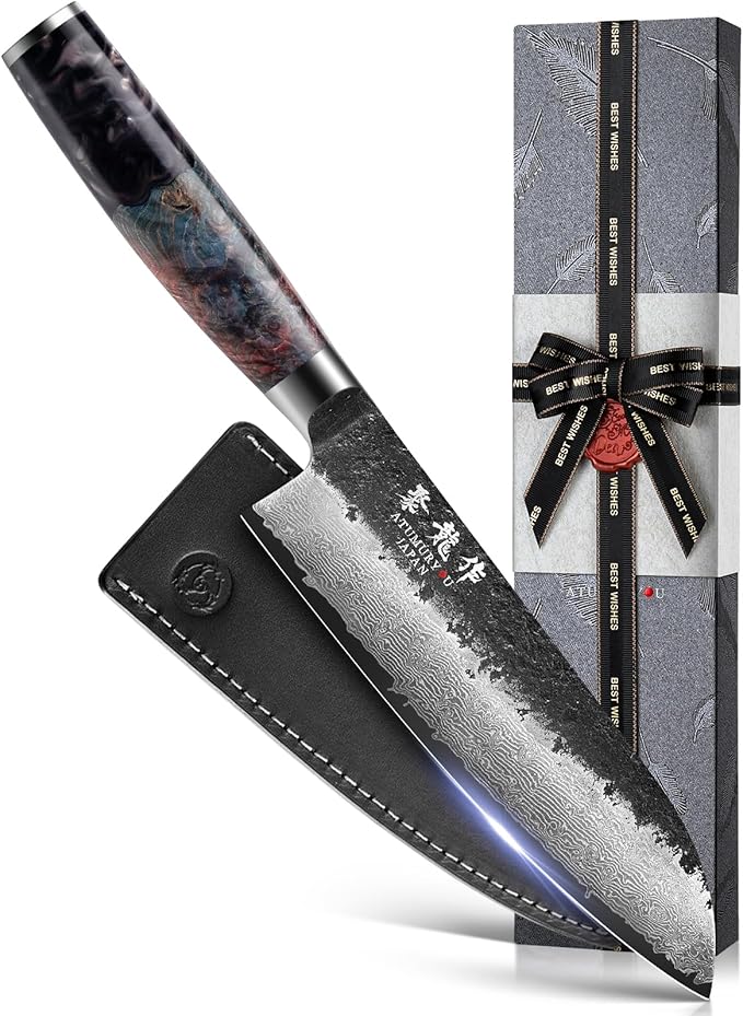 Japanese Chef Knife with VG10 Core, 7'' Razor Sharp Hand Forged Damascus Santoku Knife for Home & Professional Chefs, Kitchen Knives with Leather Sheath & Gift Box, Fathers Day Gift for Dad Husband
