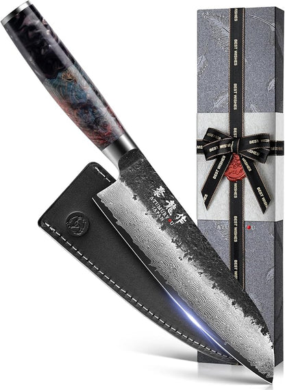 Japanese Chef Knife with VG10 Core, 7'' Razor Sharp Hand Forged Damascus Santoku Knife for Home & Professional Chefs, Kitchen Knives with Leather Sheath & Gift Box, Fathers Day Gift for Dad Husband