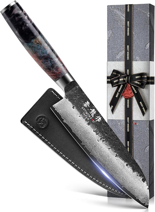 Japanese Chef Knife with VG10 Core, 7'' Razor Sharp Hand Forged Damascus Santoku Knife for Home & Professional Chefs, Kitchen Knives with Leather Sheath & Gift Box, Fathers Day Gift for Dad Husband