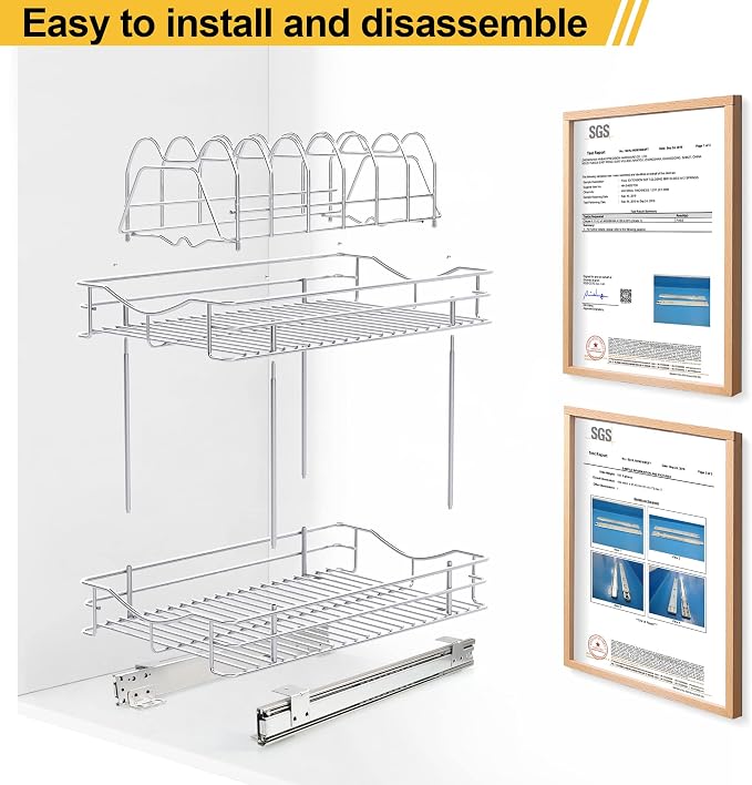 FULGENTE Pull Out Cabinet Pots and Pans Organizer 11" W x 18" D 2 Tier Wire Basket for Lid Cookware Drawer Slide Out Kitchen Cupboard Organization Shelves Shelf for Pantry Roll Out Storage, Chrome