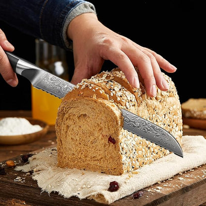 SHAN ZU Bread Knife 8 Inch Japanese Steel Damascus Serrated Knife Wave Edge, Professional Sharp 10Cr15Mov High Carbon Super Steel Cake Knife Bread Cutter with G10 Handle
