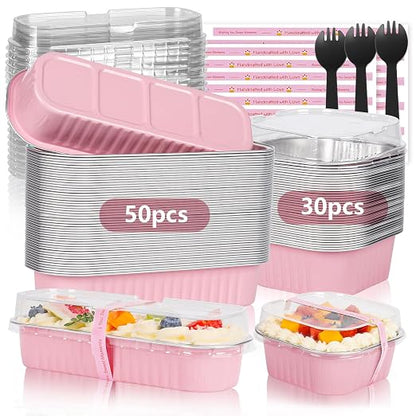 YQER Mini Loaf Pans with Lids for Baking Bread Disposable, 50Pcs 6.8oz Mini Cake Pans with Lids and Spoons Pink Sticker & 30Pcs 10oz Square Aluminum Pans Kit, Dessert Foil Baking Cupcake Tins