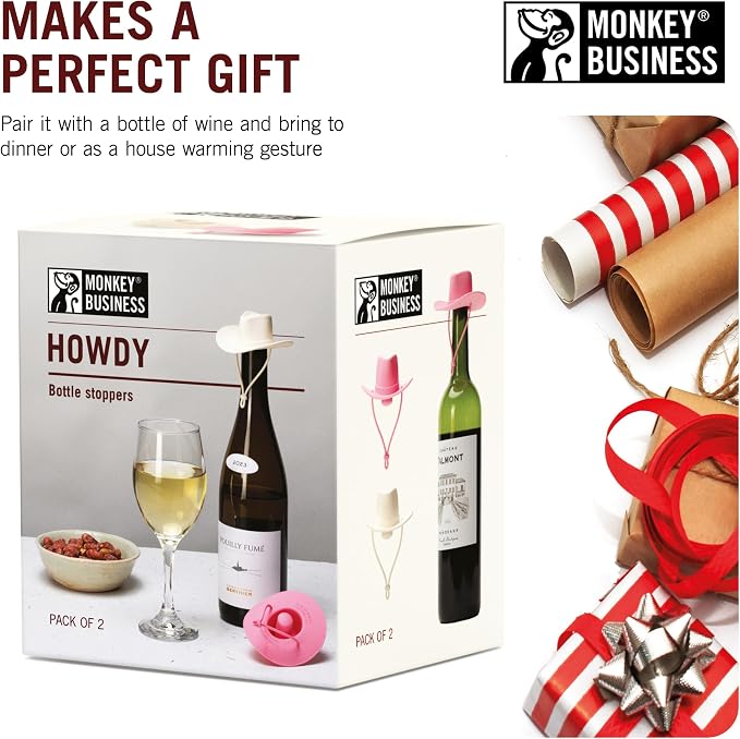 Monkey Business Howdy - 2-Pack Cowboy Hat Wine Stoppers – Fun Silicone Bottle Stoppers Keep Wine Fresh – Novelty Kitchen Gadgets & Cute Wine Accessories (Pink & White)