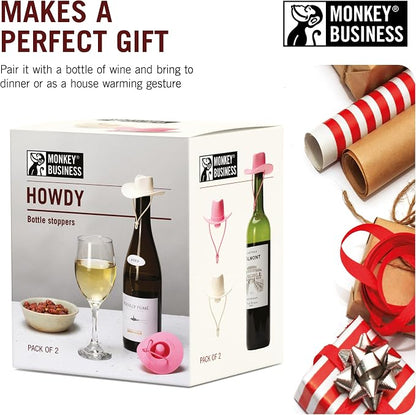 Monkey Business Howdy - 2-Pack Cowboy Hat Wine Stoppers – Fun Silicone Bottle Stoppers Keep Wine Fresh – Novelty Kitchen Gadgets & Cute Wine Accessories (Pink & White)