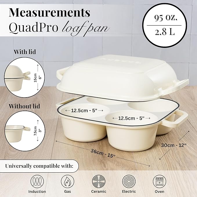 QuadPro Enamelled Cast Iron Bread Loaf Pot – Dutch Oven for Sourdough Bread Baking – 500°F Oven Safe Non Stick Bread Pot – 4 Round Loaf Spaces (4.90-inch Diameter), Cream – by Nuovva