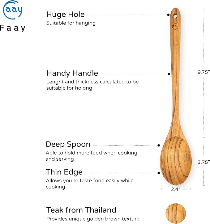 FAAY 13.5" Teak Cooking Spoon, Wooden Spoon, Mixing Spoon Handcraft from Teak | Healthy and High Moist Resistance for Non Stick Cookware