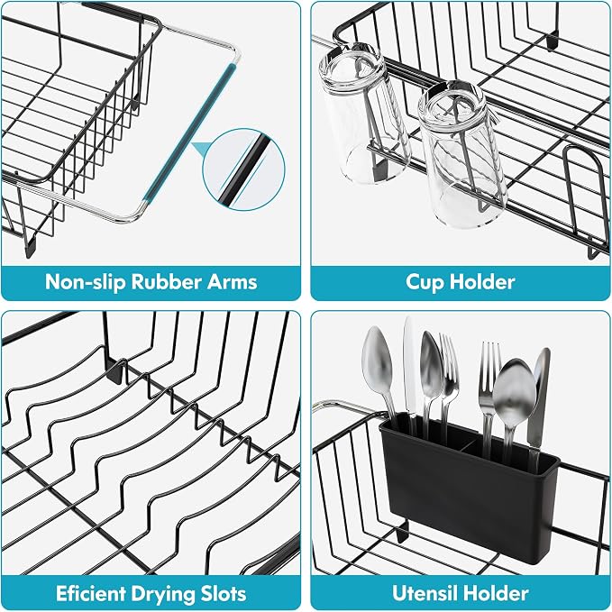 Over the Sink Expandable Dish Drainer Drying Rack In Stainless Steel for Small Kitchen, Counter Space Saving Modern Compact Metal Above Plate Dryer Strainer, Adjustable Hanging Inside Drain Holder
