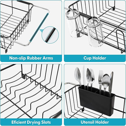 Over the Sink Expandable Dish Drainer Drying Rack In Stainless Steel for Small Kitchen, Counter Space Saving Modern Compact Metal Above Plate Dryer Strainer, Adjustable Hanging Inside Drain Holder