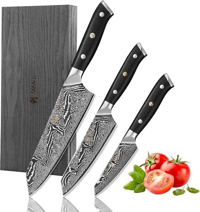 Wakoli Nitoko 3-Piece Kiritsuke Knife Set – Professional Damascus Kitchen Knives | 67-Layer VG10 Core Steel | Ergonomic G10 Handles | Japanese-Style Chef Knife Set in Wooden Gift Box
