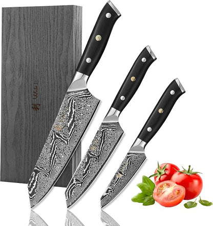 Wakoli Nitoko 3-Piece Kiritsuke Knife Set – Professional Damascus Kitchen Knives | 67-Layer VG10 Core Steel | Ergonomic G10 Handles | Japanese-Style Chef Knife Set in Wooden Gift Box