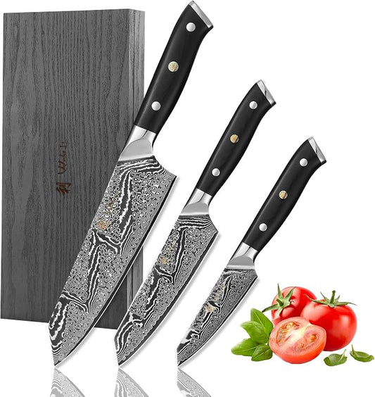 Wakoli Nitoko 3-Piece Kiritsuke Knife Set – Professional Damascus Kitchen Knives | 67-Layer VG10 Core Steel | Ergonomic G10 Handles | Japanese-Style Chef Knife Set in Wooden Gift Box