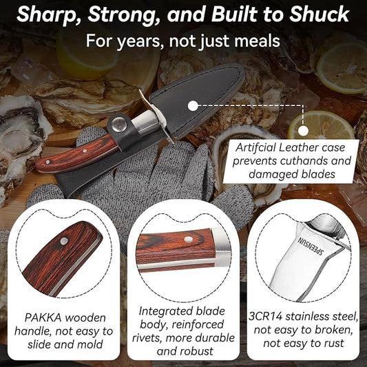 Oyster Knife,Oyster Shucking Kit, Oyster Shucking Knife With Comfort Wood-handle,Sturdy And Sharpness Oyster Knives,Oyster Shucker With 5 leve Protection Cut-resistant Glove(M)