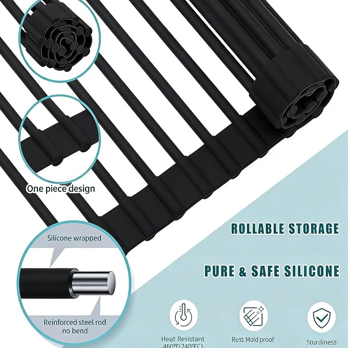 Cover The Sink Roll Up Dish Drying Rack 17.6"x15.4" Silicone Wrapped Foldable Anti-Slip Drainer for Kitchen Counter_Black new