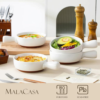 MALACASA 23 Oz French Onion Soup Bowls With Handles, Ceramic Soup Crocks for Cereal, Pasta, Beef Stew, Chilli, Oven Microwave Dishwasher Safe, Set of 4, White, Series TARA