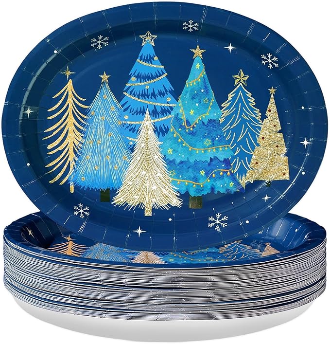 50Pcs Blue Christmas Tree Oval Plates 10” x 12” Christmas Tree Heavy Duty Oval Paper Plates Santa Party Tableware Supplies for Winter Xmas Holiday Party Decorations