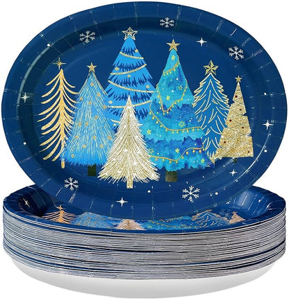 50Pcs Blue Christmas Tree Oval Plates 10” x 12” Christmas Tree Heavy Duty Oval Paper Plates Santa Party Tableware Supplies for Winter Xmas Holiday Party Decorations