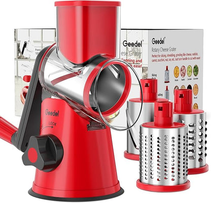 Geedel Rotary Cheese Grater, Kitchen Mandoline Vegetable Slicer with 3 Interchangeable Blades, Easy to Clean Rotary Grater Slicer for Cheese, Vegetables, Nuts