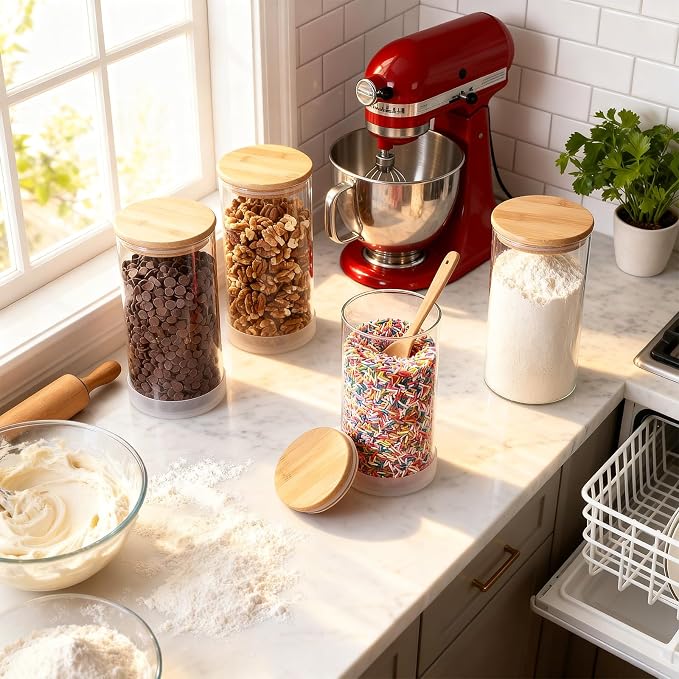 TBWIND 53oz Round Glass Storage Containers with Bamboo Lids – 4 Pack Large Airtight Glass Jars for Pantry Organization, Kitchen Dry Food, Flour, Cereal, Coffee Beans & Staples