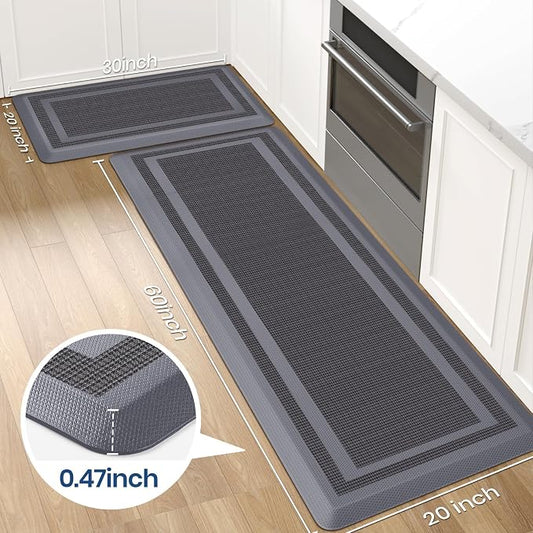 KitchenClouds [2 PCS] Kitchen Rugs Cushioned Anti-Fatigue Kitchen Mats for Floor Waterproof Kitchen Rug Set Non-Slip Comfort Standing Mat for Office, Sink, Laundry 20"×30"+20"×60", Grey