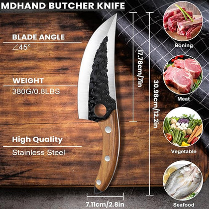 MDHAND Chef Knife - Hand Forged Kitchen Knife, High Carbon Steel Butcher Knife with Ergonomic Wood Handle, Japanese Chef Knives for Camping, Outdoor, BBQ, Gifts for Men
