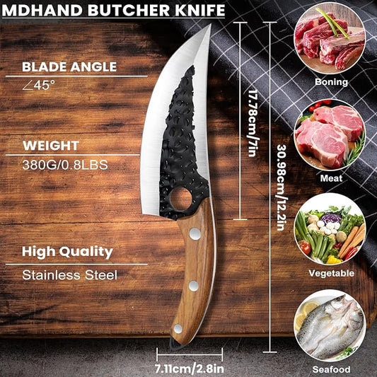 MDHAND Chef Knife - Hand Forged Kitchen Knife, High Carbon Steel Butcher Knife with Ergonomic Wood Handle, Japanese Chef Knives for Camping, Outdoor, BBQ, Gifts for Men