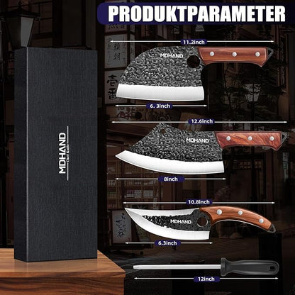 MDHAND Butcher Knife Set, 8PCS Hand Forged Serbian Chef Knife Set, Meat Cleaver Knife for Kitchen, Bone Chopper Knives & Viking Knives for Home & Outdoor Camping BBQ, Gift for Men
