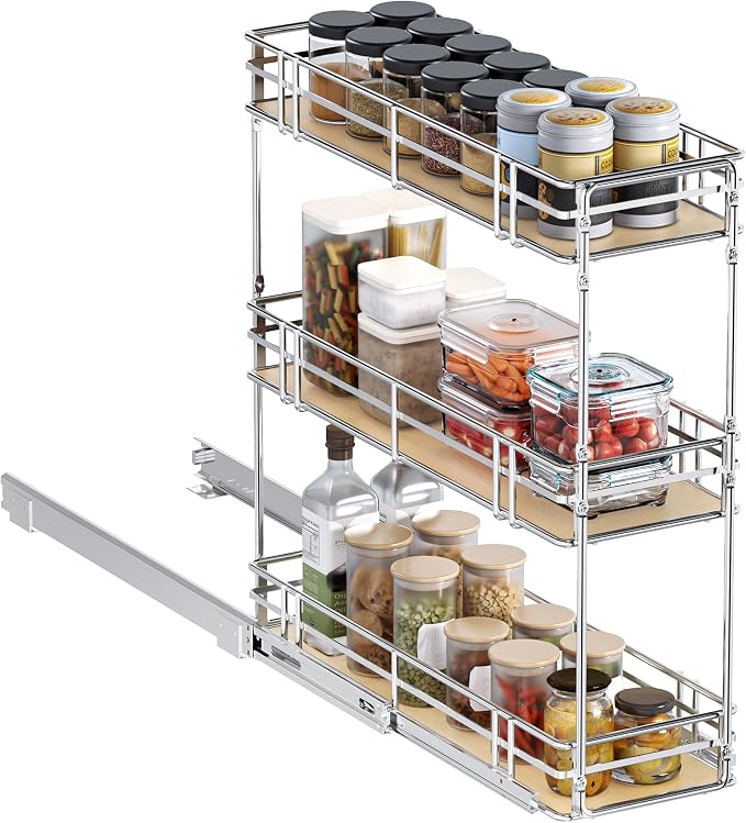 8" W x 20.5" D 3-Tier Pull Out Spice Rack Organizer, Solid Wood Base Slide Out Cabinet Shelf for Narrow Kitchen Cabinets, Chrome Pantry Storage