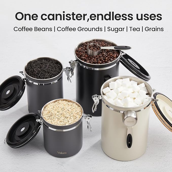 Veken Coffee Canister, 39OZ Large Christmas Coffee Lovers Gift Basket Set,Airtight Stainless Steel Food Storage Kitchen Container Gifts for 2.2lbs Beans, Ground, Sugar, Tea, Flour, Cereal, Scoop,Black