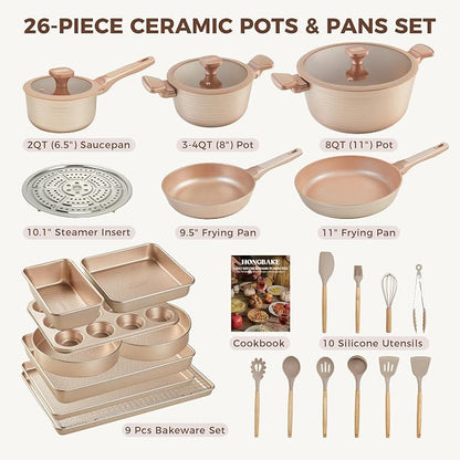 HONGBAKE Pots and Pans Set Nonstick, 26 Pcs All-in-One Kitchen Starter Set with Cookware, Bakeware & Silicone Utensils, Non Toxic Ceramic Coating, Induction & Oven Safe, PFOA PFOS Free, Gold