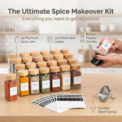 SAVVY & SORTED Glass Spice Jars with Label, 24PK Bamboo Jar Spices Set 4oz, 374 Spice Labels, Pepper Grinder, Empty Herb Seasoning Containers, Funnel and Shaker Lids