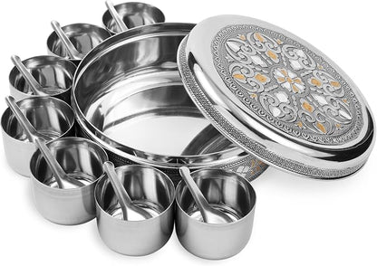 KSJONE Designer Spice Box, 7 Spice Jars, Holds 7 Spices, Steel Spice Container with 7 Spoons, Storage for Spices and dryfruits Indian Masala Dabba Gifts for Women, Mothers Day Gifts for Mom (7.3 Inch)