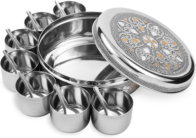 KSJONE Designer Spice Box, 7 Spice Jars, Holds 7 Spices, Steel Spice Container with 7 Spoons, Storage for Spices and dryfruits Indian Masala Dabba Gifts for Women, Mothers Day Gifts for Mom (8 Inch)
