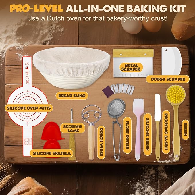 Cast Iron Dutch Oven, 5 QT, Pre-Seasoned with Lid | Sourdough Bread Baking, Multi-Functional Braising, Bread Baking Supplies Set, 11PCS Sourdough Starter Kit