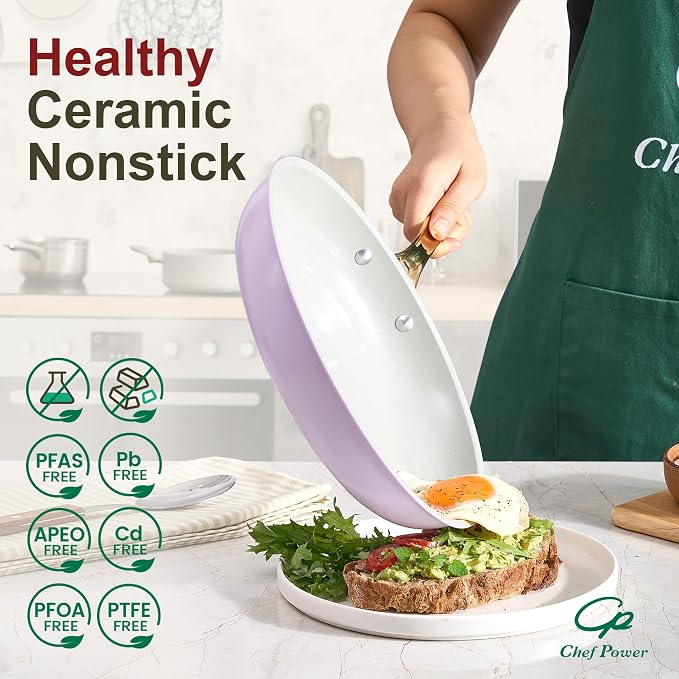 Chef Power Ceramic Cookware Sets, Pots and Pans Set Non Stick, Cookware Set with Stainless Steel Handle, Dishwasher & Oven Safe Purple 15Pcs Set