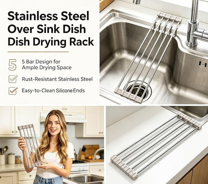 Ahyuan Roll up Dish Drying Rack Over The Sink Kitchen Roll up Sink Drying Rack Portable Dish Drainer Foldable Dish Drying Rack (Warm Gray, 17.8''X3.7'')