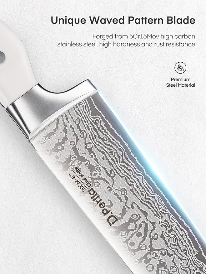 Knife Set, D.Perlla 15 Pieces Kitchen Knife Set with Built-in Sharpener, High Carbon Stainless Steel Kitchen Knife Block Set with Unique Waved Pattern, Non-slip Handle, White