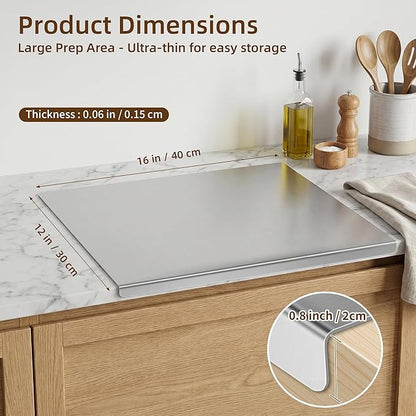 2-Piece Stainless Steel Cutting Board with Lip, 16" x 12" Kitchen Chopping Boards for Countertop, Double-Sided Food-Grade Metal Cutting Board, L-Shaped Edge Chopping Mats for Kitchen Prep & Baking