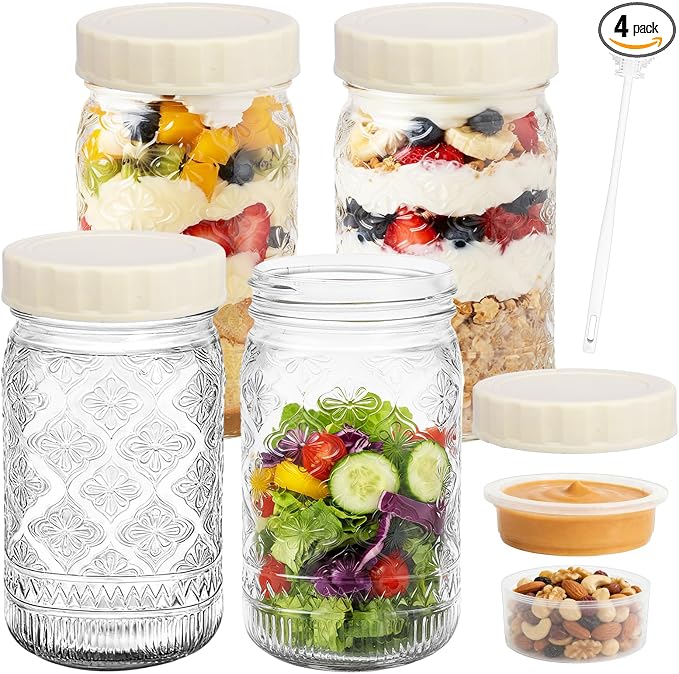 STARSIDE 4 Pack Glass Salad Jars with Plastic Lids Meal Prep, 32oz Mason Jars with Dressing Container, Leakproof Portable Salad Container for Lunch, Wet/Dry Separation Salad Pod for On-the-Go Meals