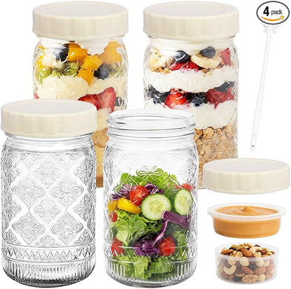 STARSIDE 4 Pack Glass Salad Jars with Plastic Lids Meal Prep, 32oz Mason Jars with Dressing Container, Leakproof Portable Salad Container for Lunch, Wet/Dry Separation Salad Pod for On-the-Go Meals