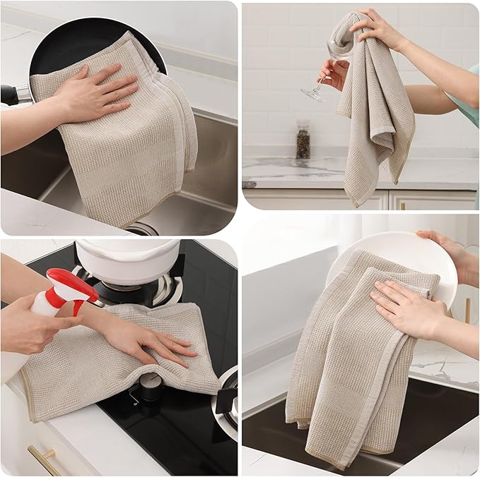 Mordimy Premium Kitchen Towels 12 Pack (18 x 28 Inches, Khaki), Large Cotton Kitchen Hand Towel, Flat & Terry Dish Towels for Drying Dishes, Super Absorbent Tea Dishtowels Set with Hanging Loop