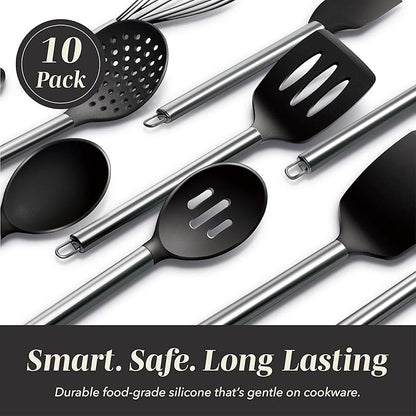 COOK WITH COLOR Silicone Cooking Utensils, Kitchen Utensil Set, Easy to Clean Silicone Kitchen Utensils, Cooking Utensils for Nonstick Cookware, Kitchen Gadgets Set, 10 Pieces, Black