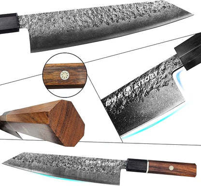 Kitory 8'' Kiritsuke Chef Knife, Lightweight Japanese Kitchen Knife with Octagonal Ebony Wood Handle, Black Stonewashed High-Carbon Stainless Steel Blade, Anti-Rust and Durable Sharp Cooking Knife