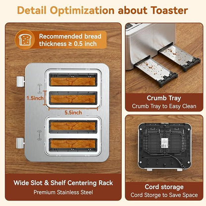 Mecity 4 Slice Touchscreen Toaster, 6 Bread Modes & 6 Browning Levels, Dual Touch Control Wide Slot Stainless Steel Electric Toaster with Memory, Defrost, 3-Min Auto Shutoff for White, Bagels, Waffles