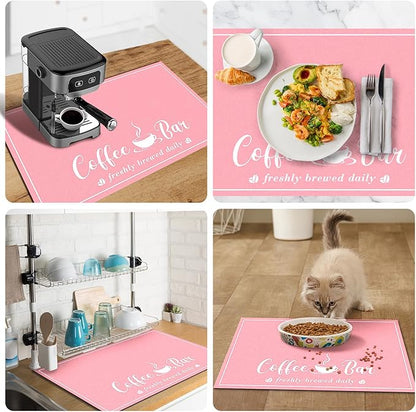 CooRug Absorbent Coffee Mat, Fashion Dish Drying Mat for Kitchen Counter Coffee Bar Accessories Espresso Machine Dish Rack 16" x 24" Pink