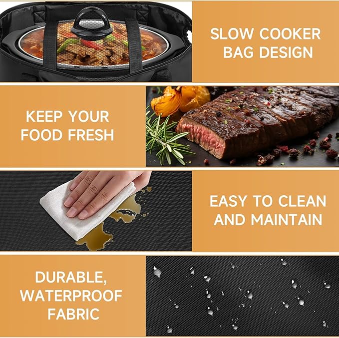 Portable Slow Cooker Travel Bag, Isulated Carrier Case Tote for 4-8 Quart Crock Carrier Compatible with Else Brands, Internal Mesh Net Holds Pot in Place, For Travel, Outdoor, Picnic, Black
