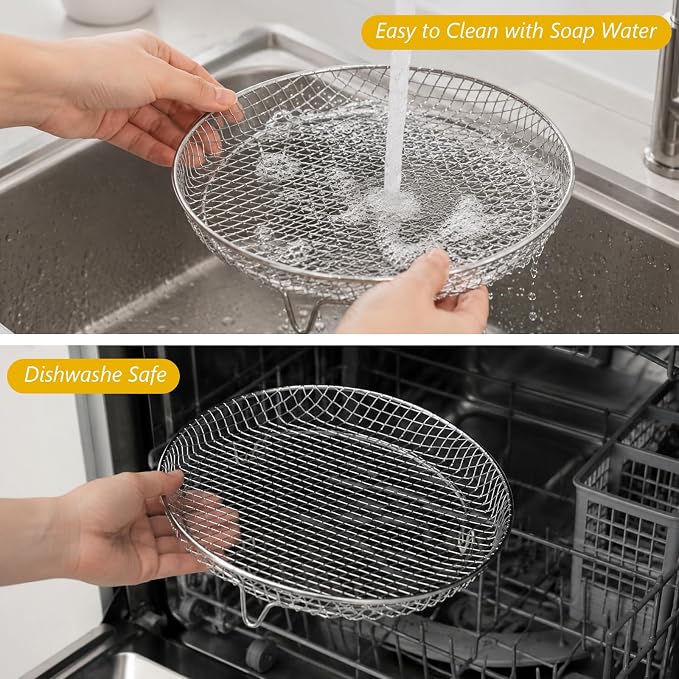 3pcs Round Air Fryer Racks, 8 inch Stainless Steel Stackable Air Fryer Basket Round Air Fryer Grill Rack with Silicone Feet & Clip Air Fryer Accessories for Air Fryer, Oven