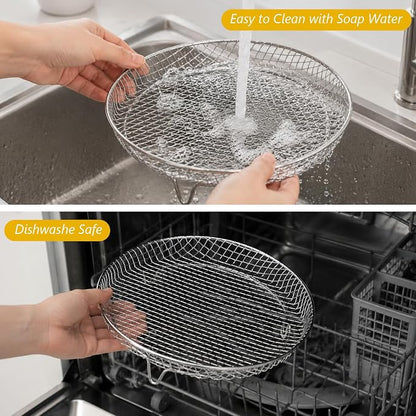 3pcs Round Air Fryer Racks, 8 inch Stainless Steel Stackable Air Fryer Basket Round Air Fryer Grill Rack with Silicone Feet & Clip Air Fryer Accessories for Air Fryer, Oven