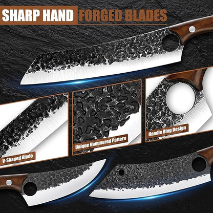 Purple Dragon 6 pcs Chef Knife Set, High Carbon Steel Hand Forged Meat Boning Carving Cleaver Butcher Knife with Accessories for Kitchen, BBQ Camping Knives Set, Christmas Gift for Man