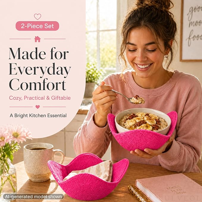 Set 2X Pink 7" sq. x 4" H Inch Microwave Bowl Cloth Hot Pads Pot Holders Polyester Microwavable Bowl Cozies for Food, Ooma, Ramen Bowls Cozy or Soup Koozie, Good Kitchen Accessories, Gadgets